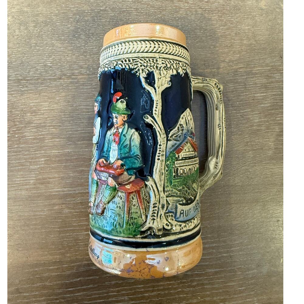 Vintage Hand Painted Ceramic German Beer Stein Alpine Bavarian Auf der Alm Mug